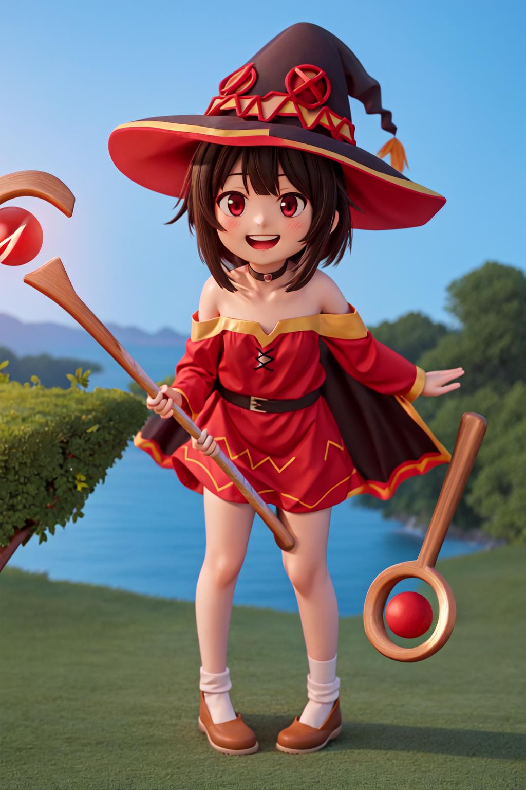 Cartoon character with a red hat, holding a wand and a ball, standing next to a lake.
