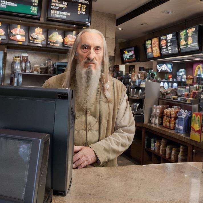 A man in a Gandalf costume standing at a fast food restaurant.