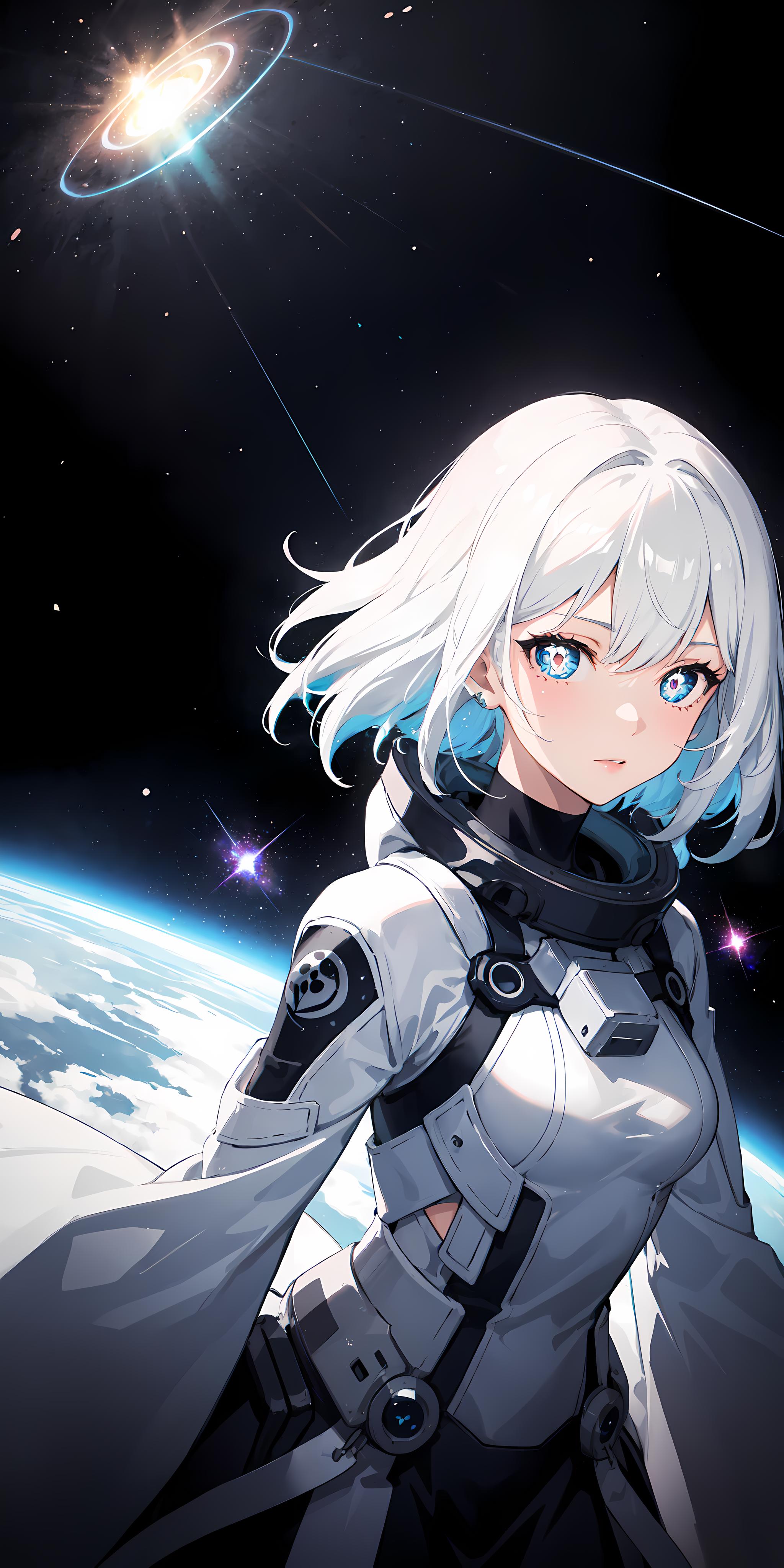 An anime character wearing a white jumpsuit and white helmet, with a blue sky and stars in the background.
