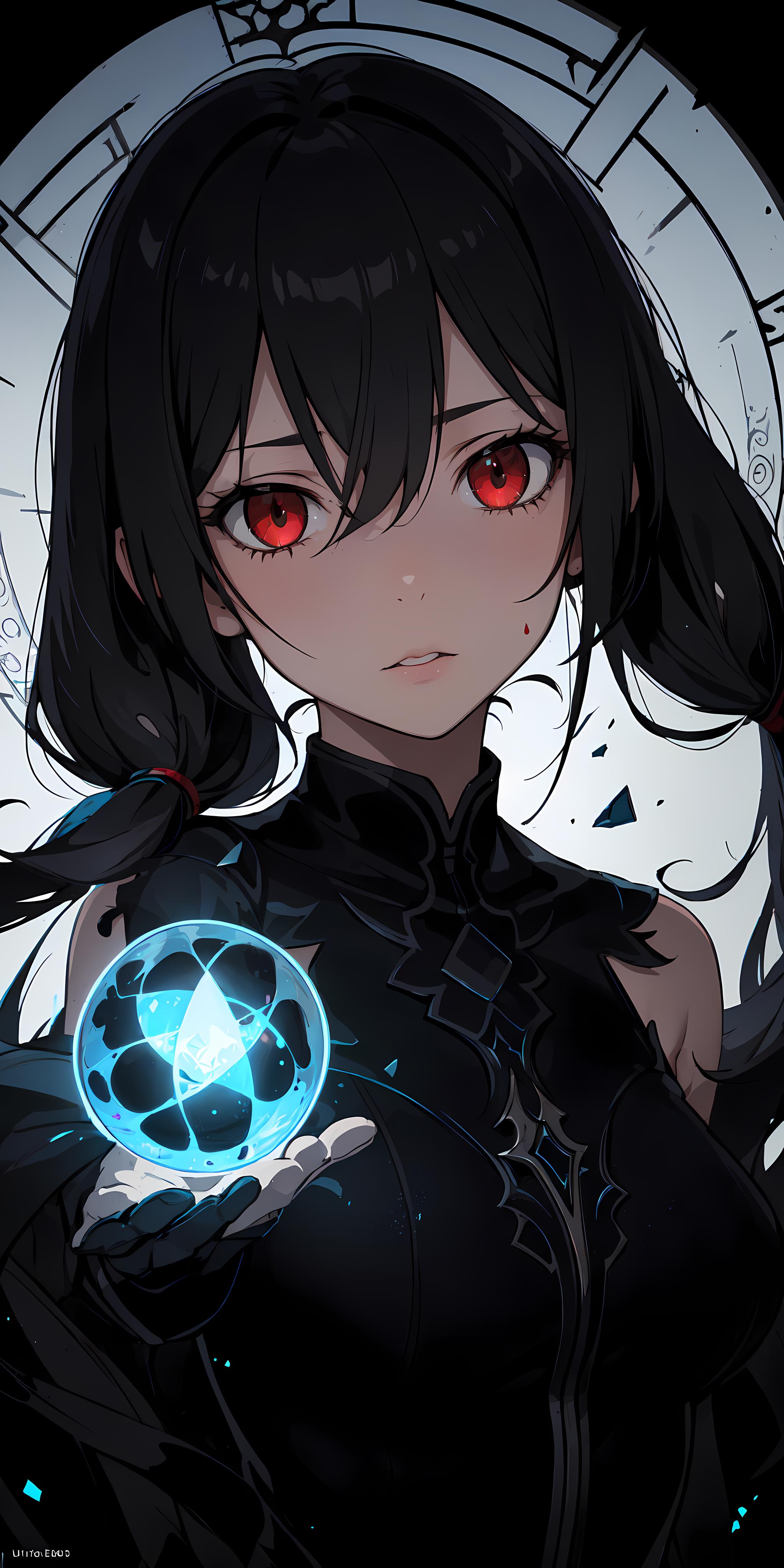 A girl wearing a black shirt with a blue sphere in her hand.