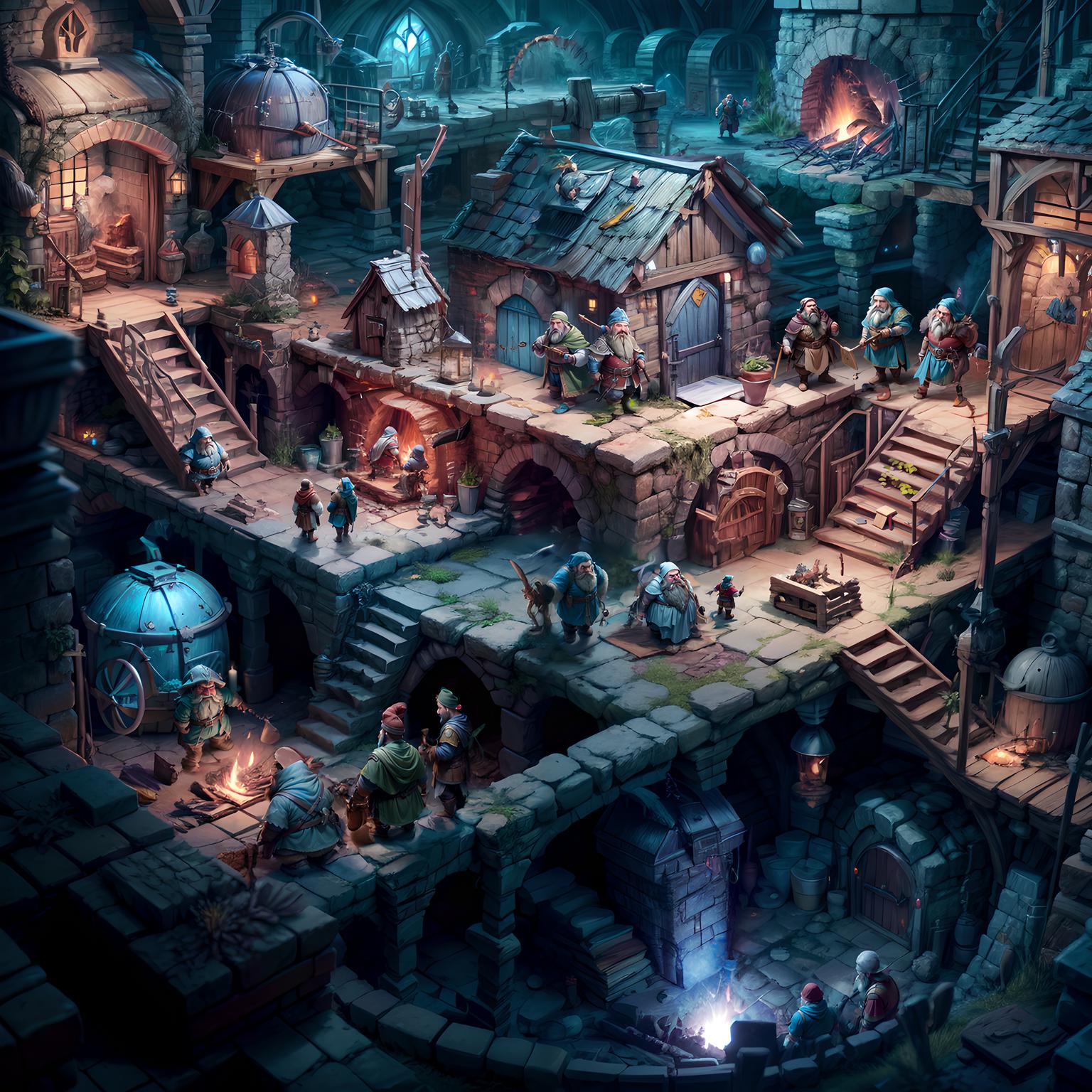 A beautifully illustrated fantasy village with people and animals.