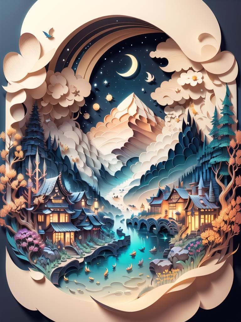 A magical painting of a mountain, a village, a river, and a moonlit night.