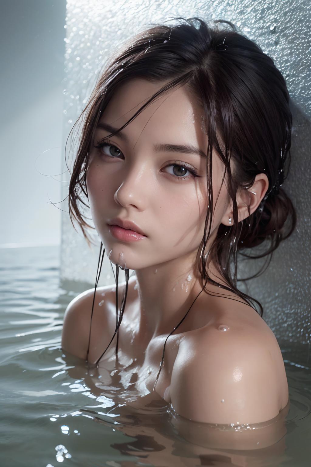 A young woman with long dark hair and water droplets on her face is looking at the camera.