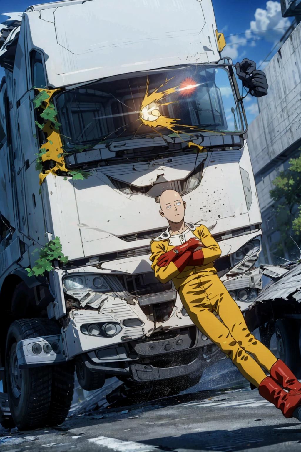 A cartoon image of a bald man in a yellow jumpsuit sitting on a destroyed truck.