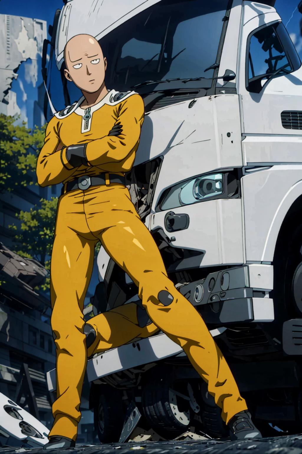 A man standing next to a white truck, wearing a yellow suit.