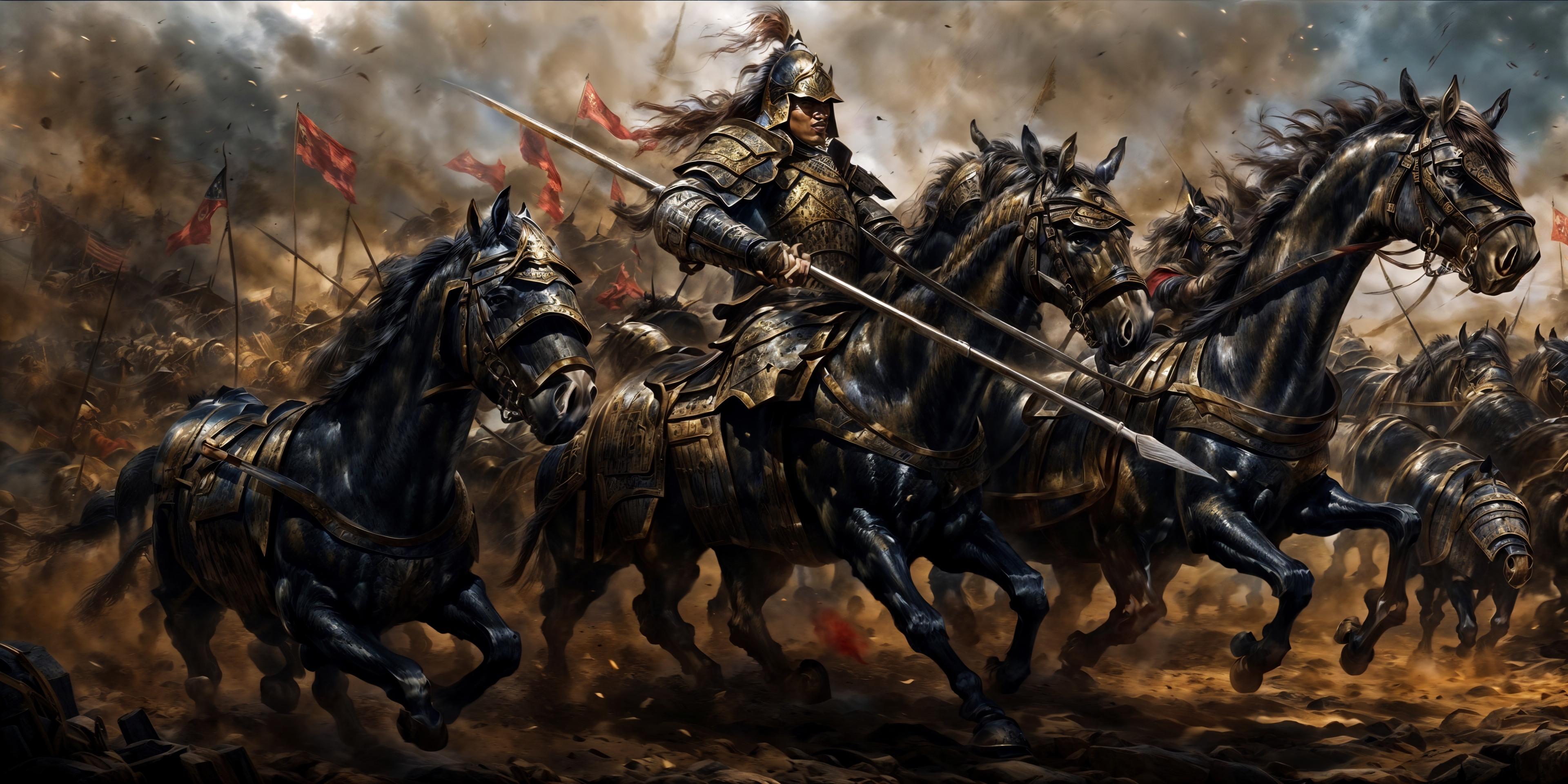 A warrior on a horse with a gold helmet and a sword, surrounded by other horses.