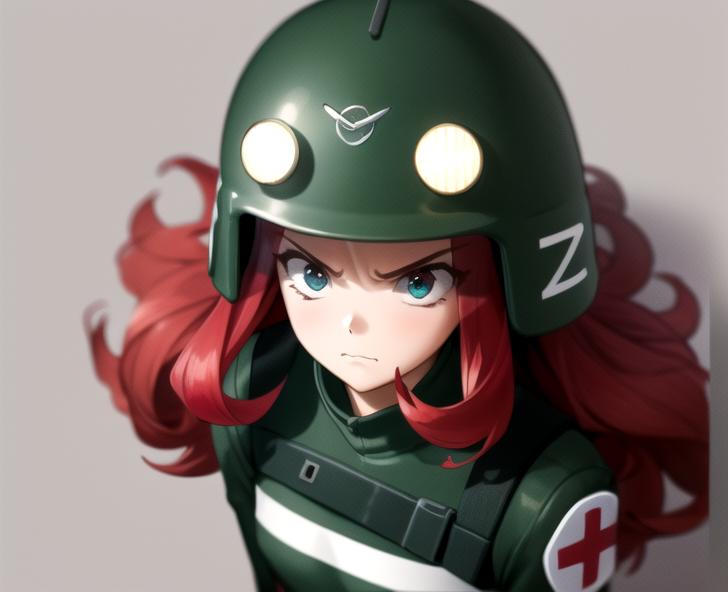 Cartoon character wearing a green helmet and a red cross on her uniform.