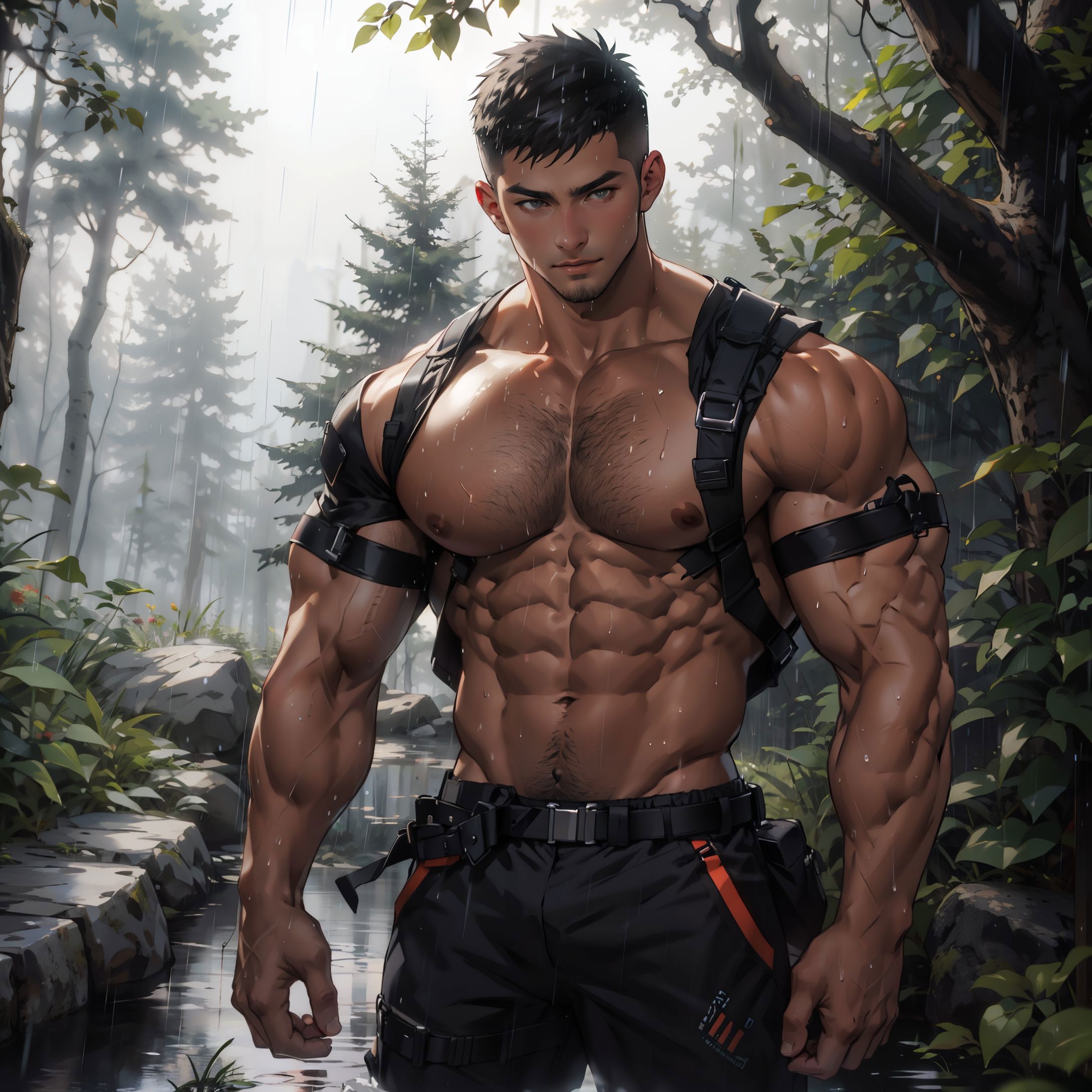 Shirtless Man in the Forest with a Backpack and Rifle
