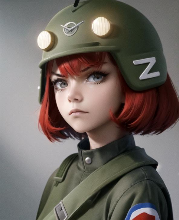 A cartoon character wearing a green helmet and a green military jacket.
