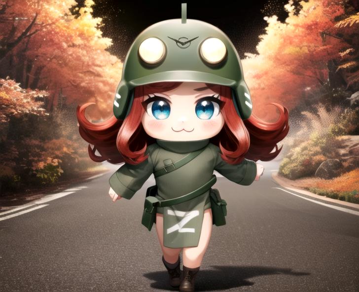 Cartoon Anime Girl with Goggles and Hat Walking on Road