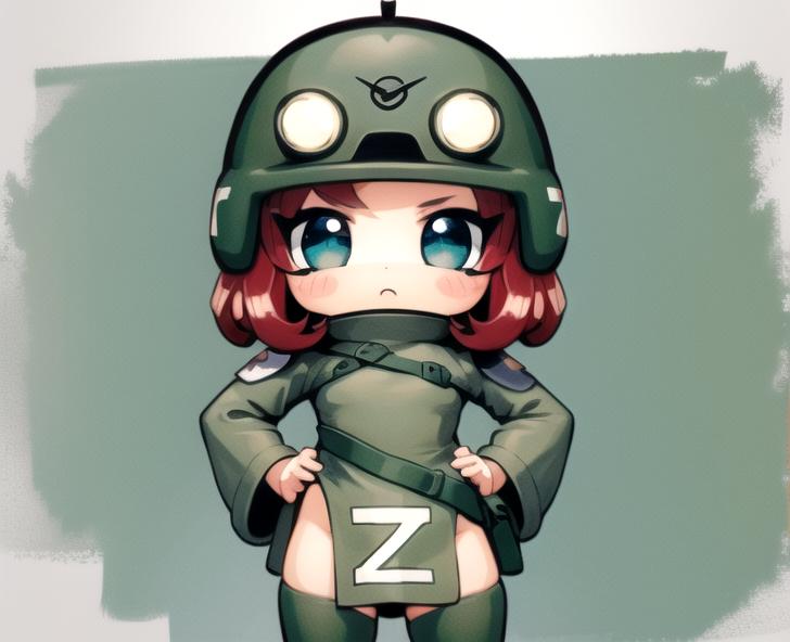 A cartoon girl wearing a military uniform with a Z sign on her chest.