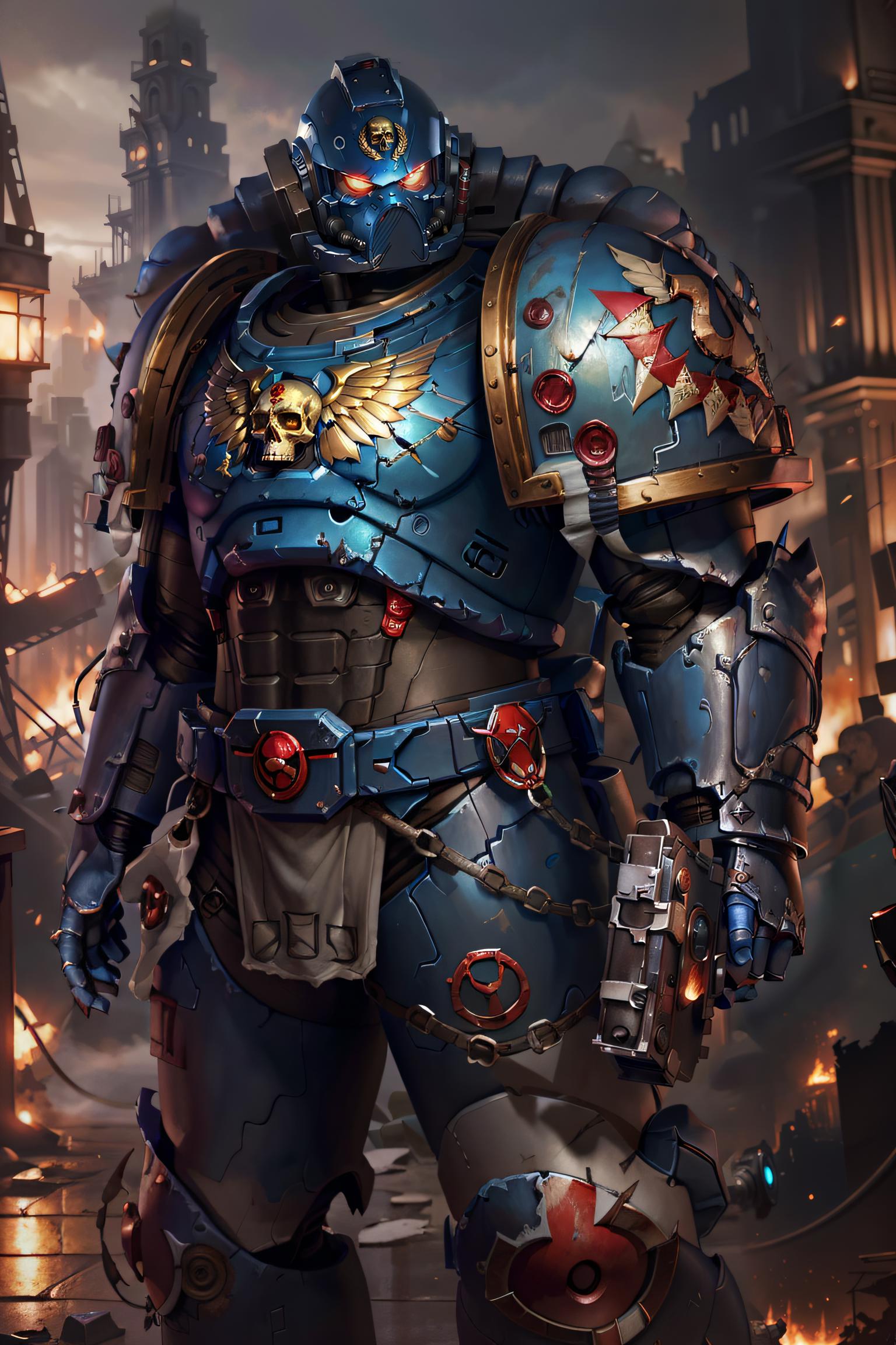 Warrior in Blue Armor with Skull Emblem and Chains.