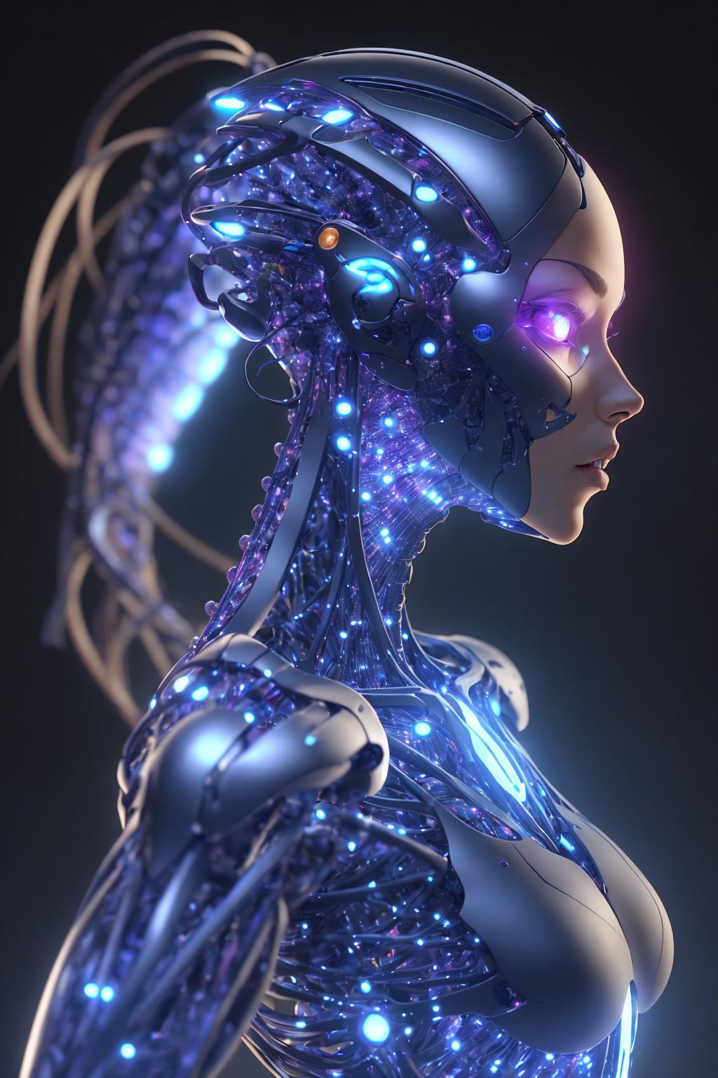 A 3D Render of a Futuristic Robot Woman with Purple Eyes and a Blue Body.
