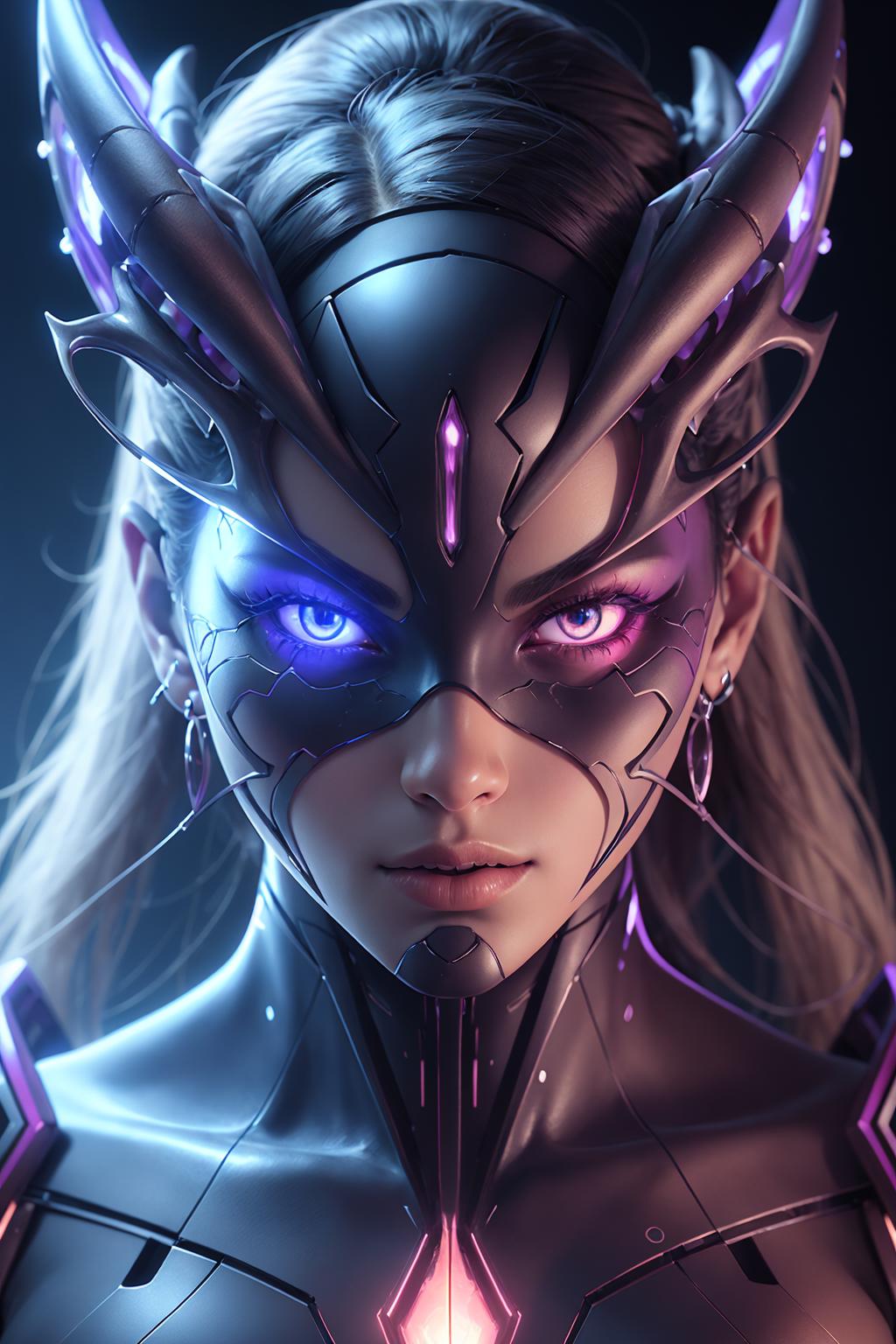 A blue and purple character with a mask, earrings, and a purple braid.