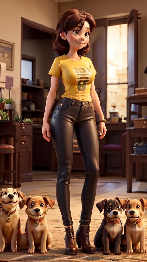 A cartoon character in leather jeans and a yellow shirt standing in a room with two dogs.