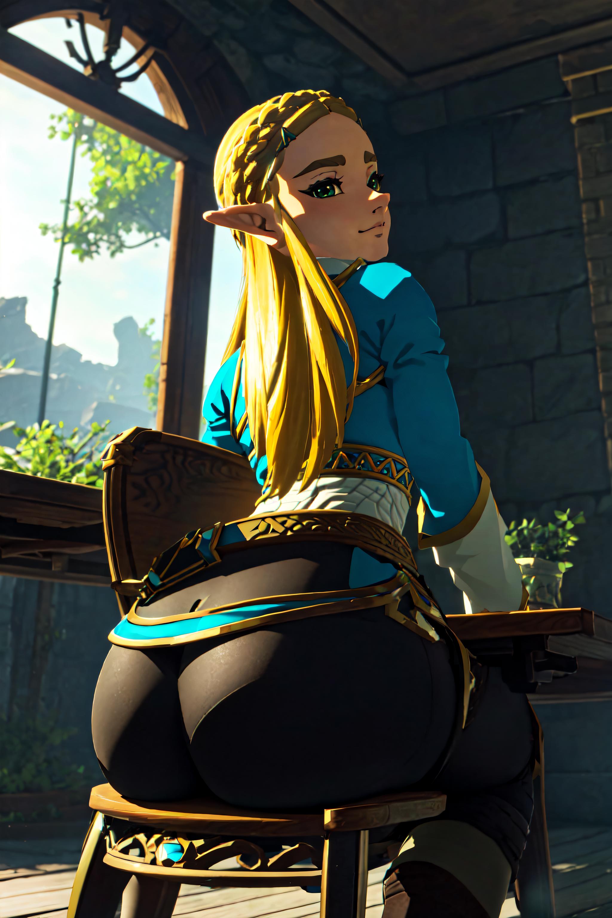 A video game character with a blue outfit, yellow hair, and a green bow in her hair.