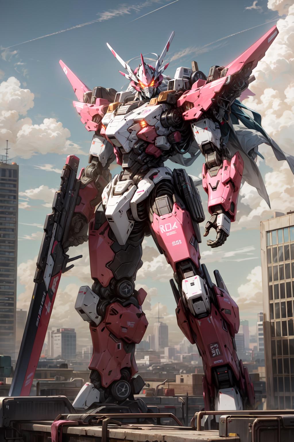 Pink and White Robotic Giant with Gun in a Cityscape.