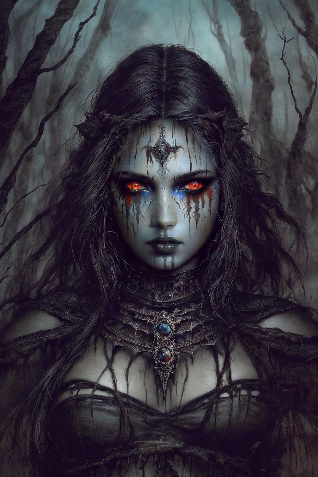 A dark and eerie painting of a woman with red eyes and a spider web necklace.