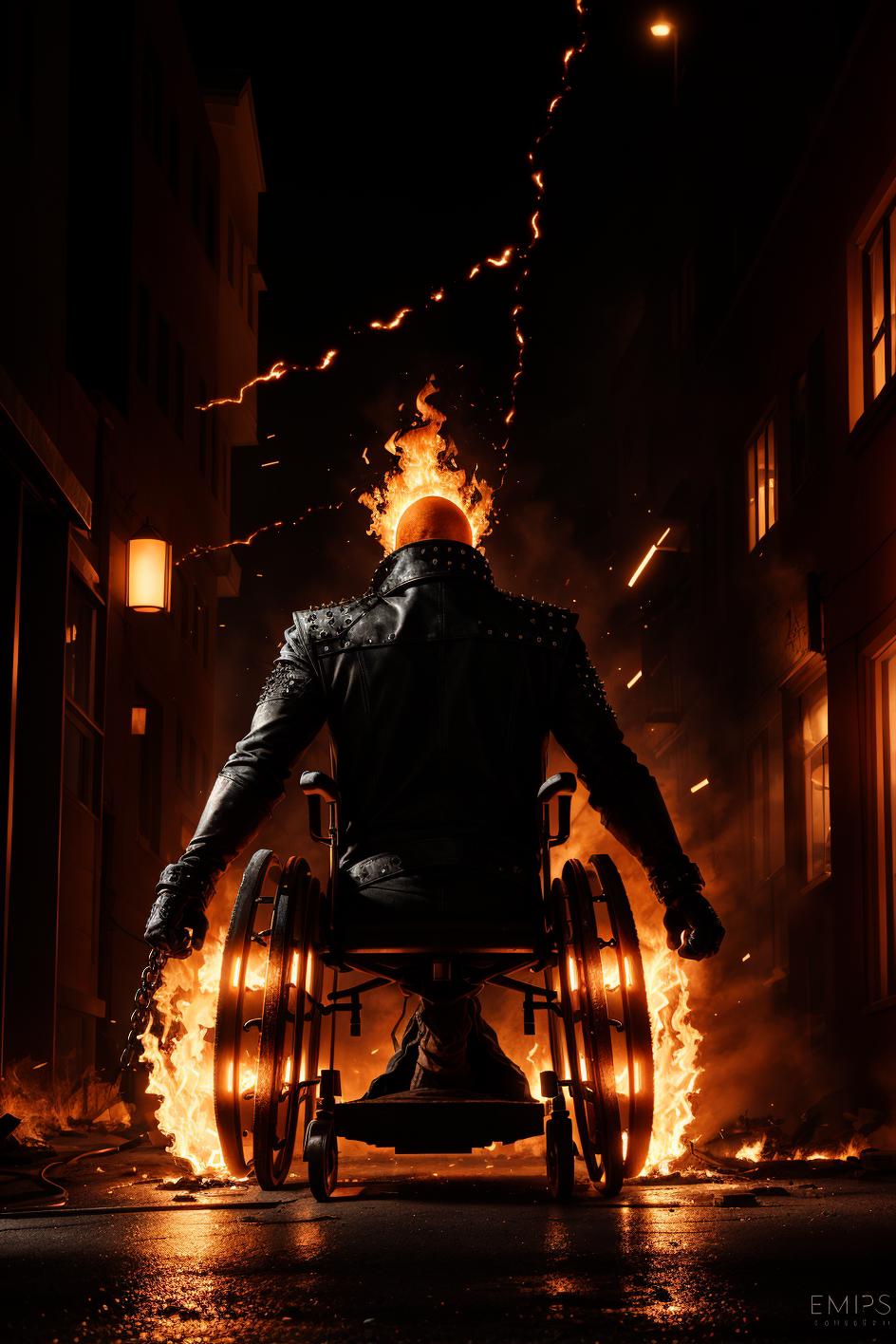 A wheelchair-bound man with flames behind him, possibly a superhero or demonic figure.