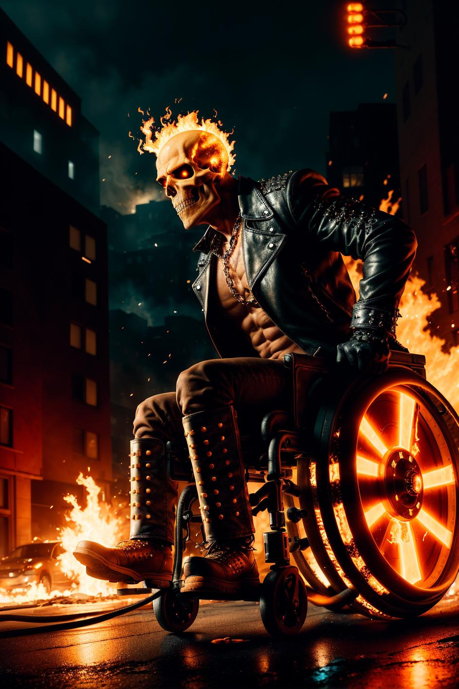 A skeleton is sitting on a wheelchair in a fire-filled city.