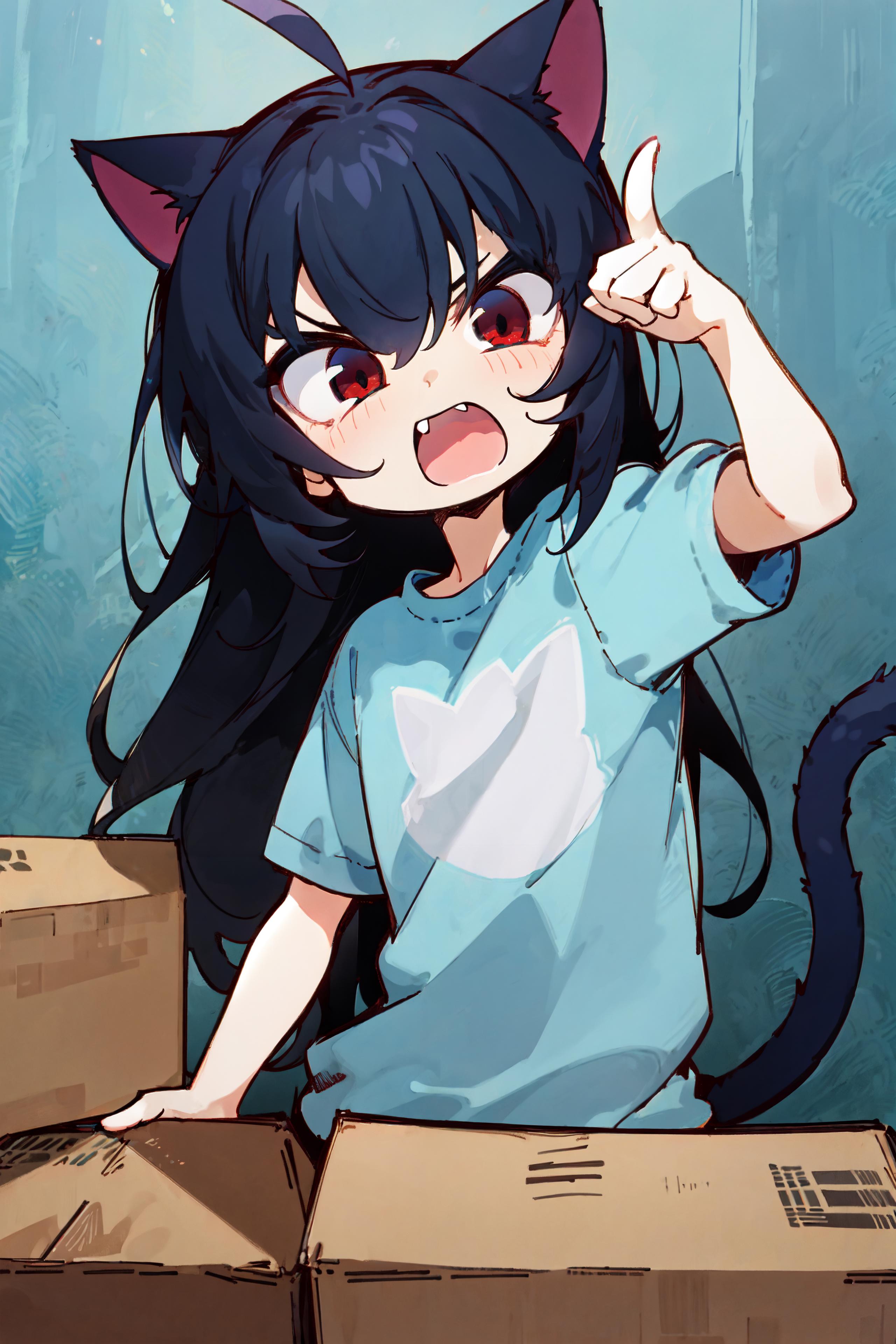 A blue shirt with a cat on it and a girl pointing.