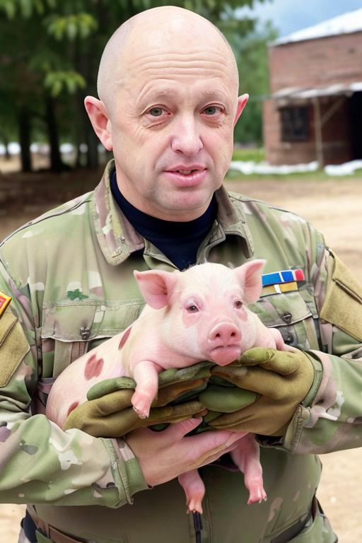 A soldier with a pink piglet in his arms.