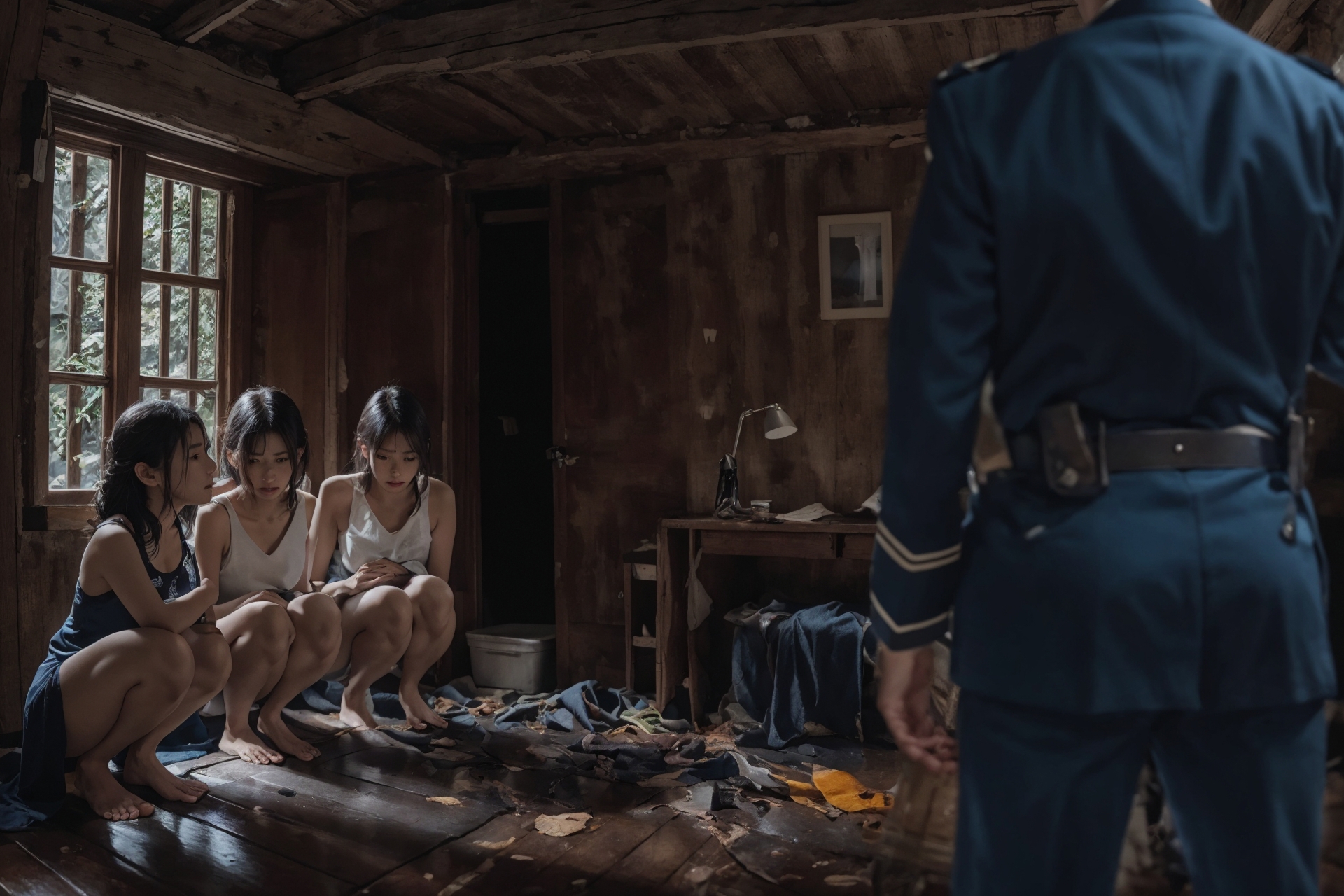 Two Women Sitting on Rug in a Messy Cabin with a Man Standing Behind Them