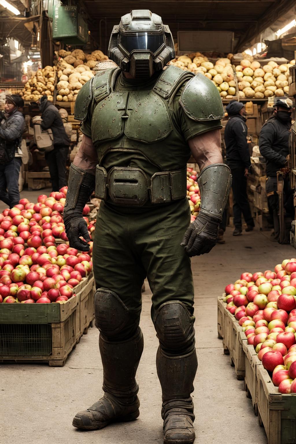 Green Power Suit Man Standing in Front of Apples at Market
