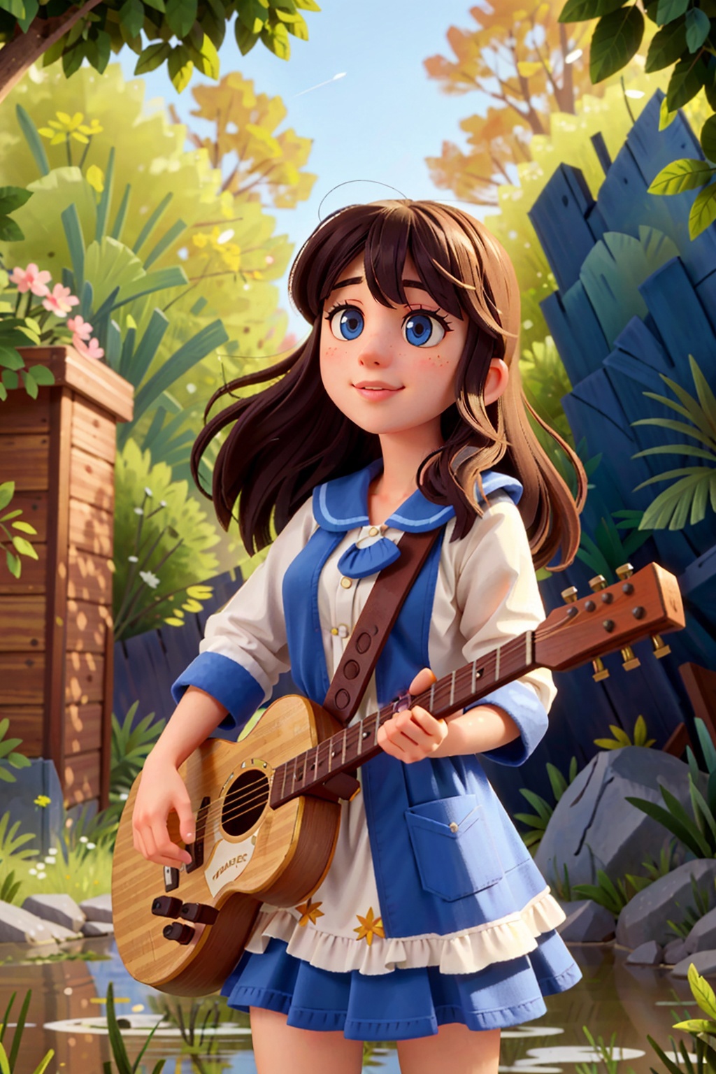 A young girl with blue eyes and a blue shirt plays a guitar in a field.
