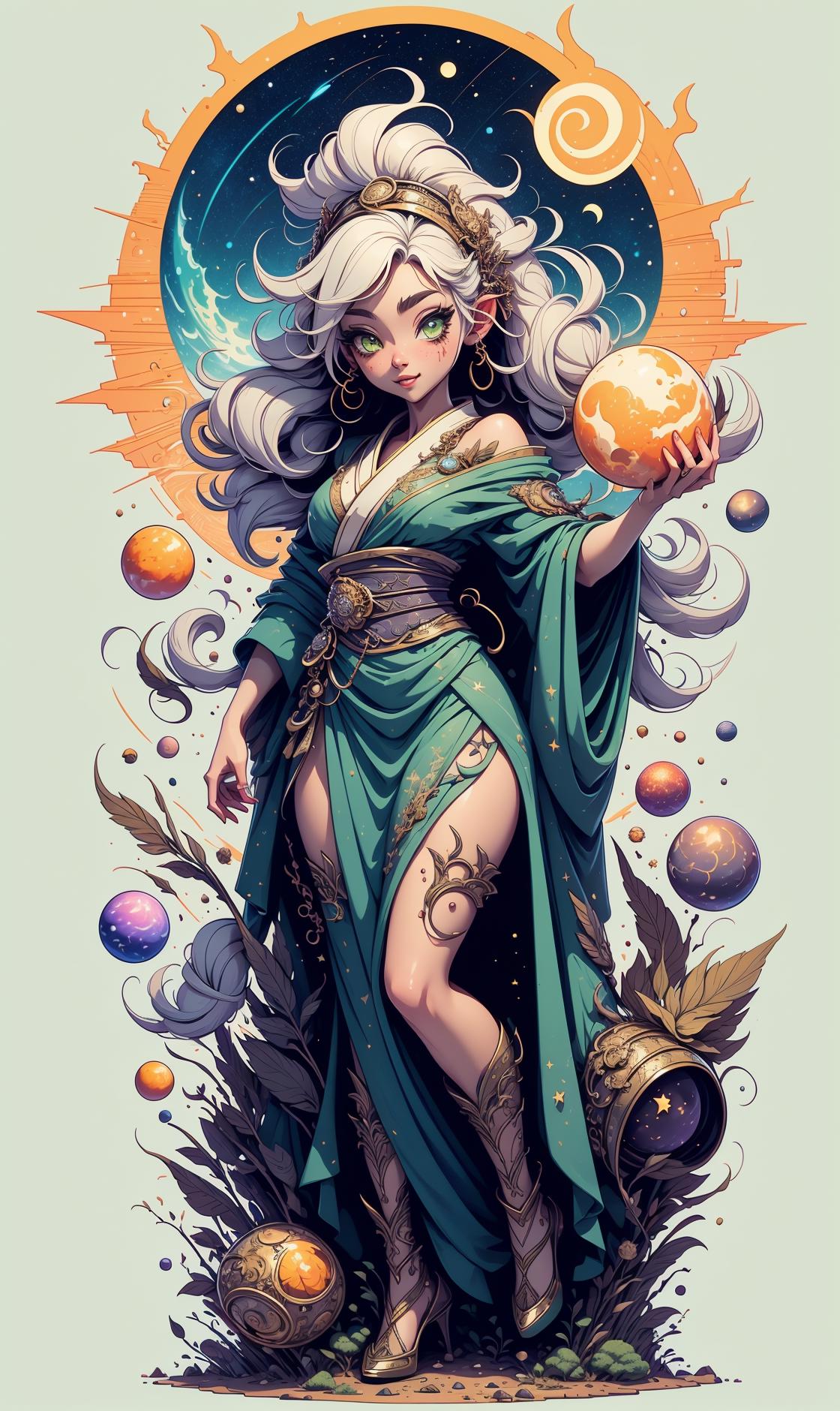 A fantasy art illustration of a woman in a green dress holding a ball.