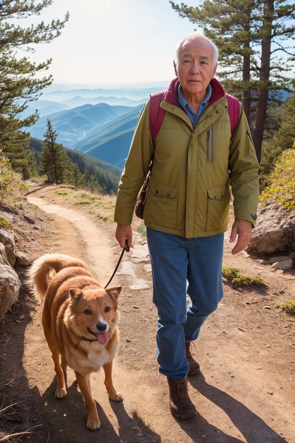A man and his dog walking on a trail through the mountains.