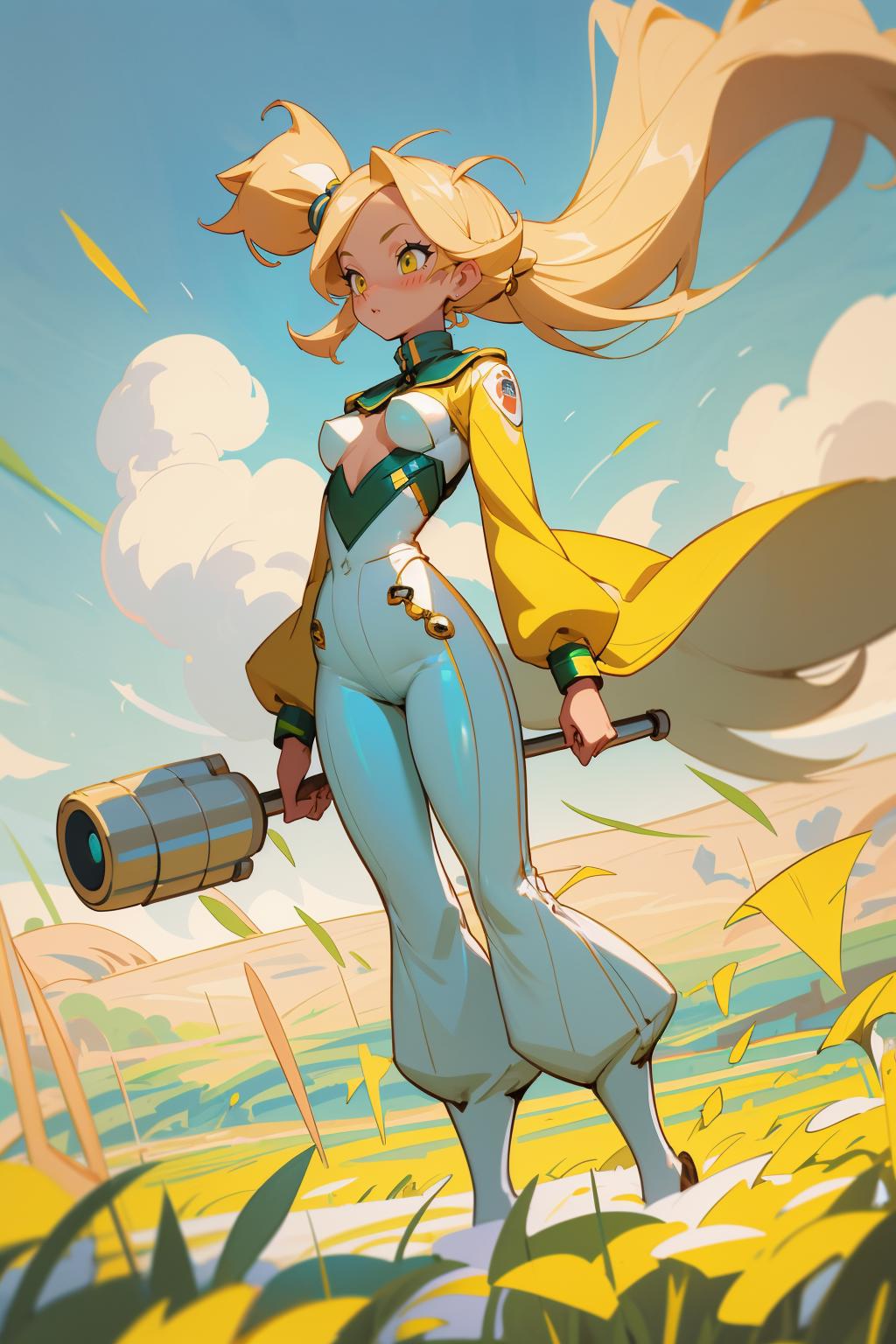 A cartoon illustration of a female character holding a hammer and wearing a yellow and white uniform.