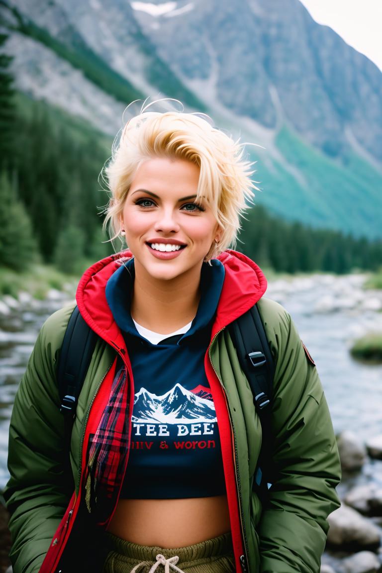 A woman wearing a Tee Bee shirt smiles for the camera while posing in the mountains. She has blonde hair and is wearing a backpack.