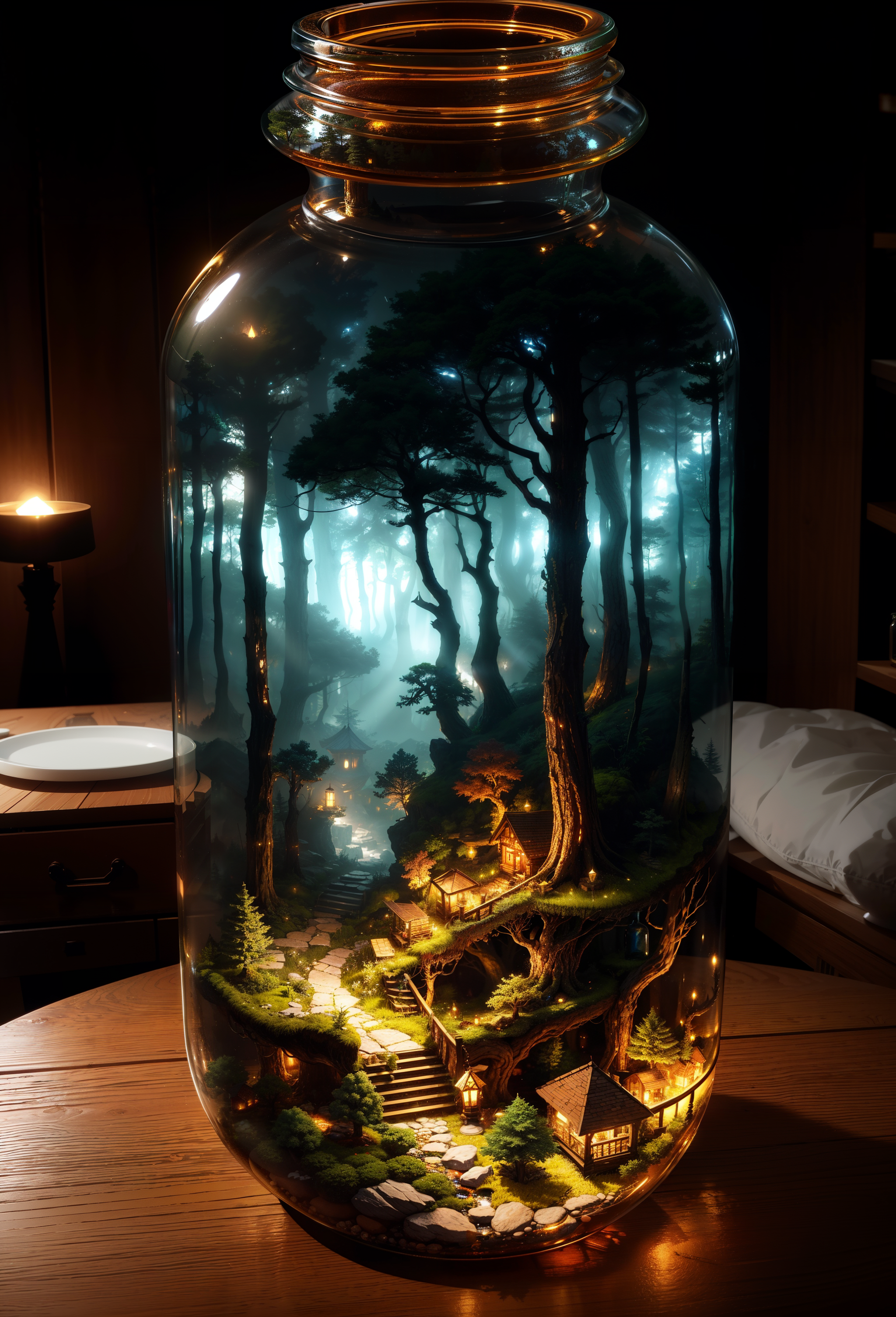 Glass Jar Displaying Miniature Landscape with Trees and Staircase