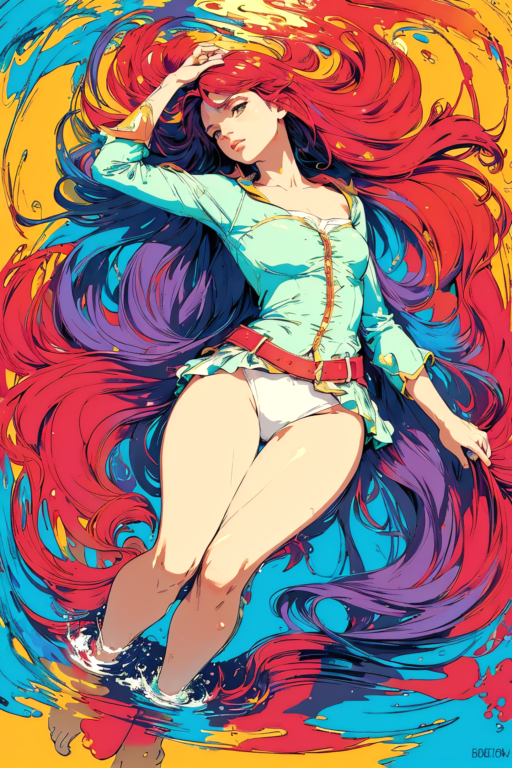 A colorful and vibrant painting of a woman laying on her back, wearing a blue shirt and white panties, with her hair flowing down her back. The painting is set against a brightly colored background.
