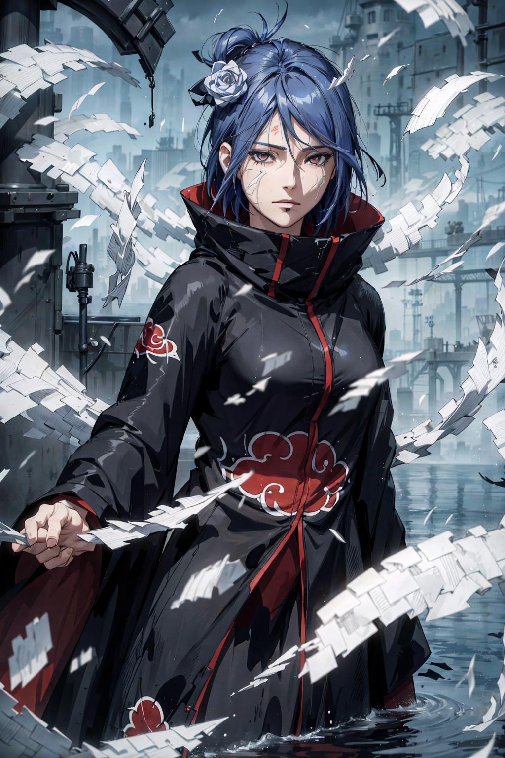 Anime character with a black coat and a red circle on her chest.
