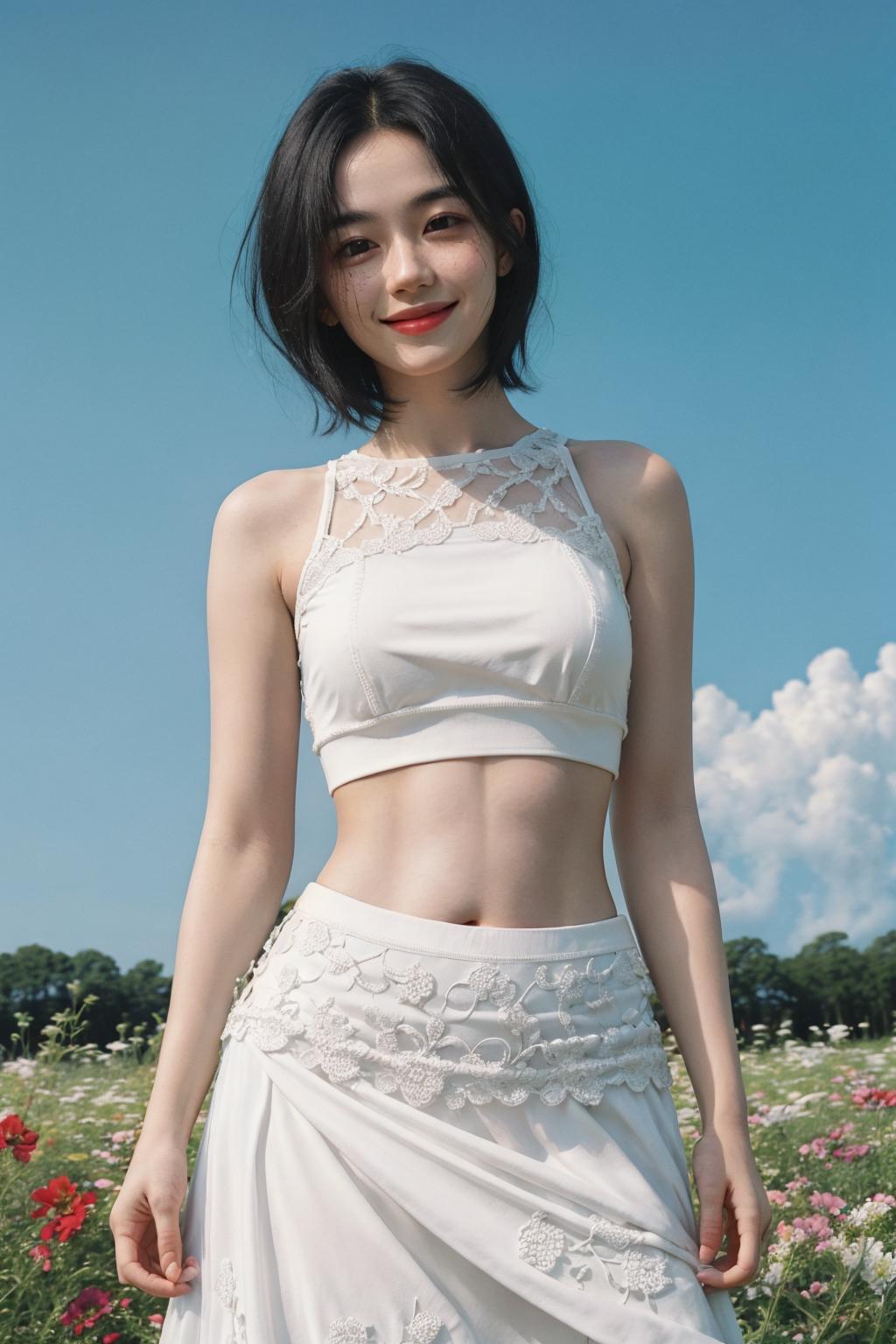 A young woman wearing a white tank top and white skirt standing in a field of flowers.