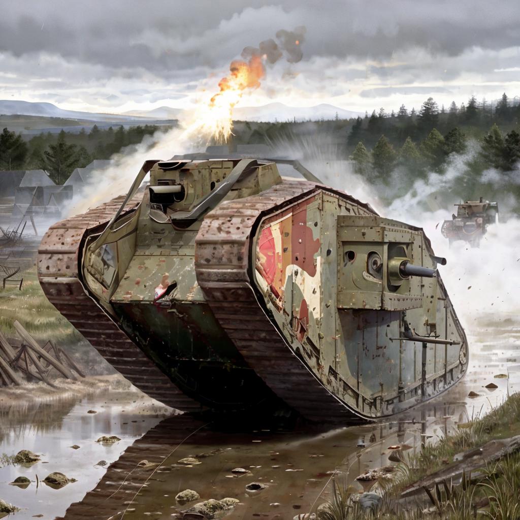 A painting of a tank in a waterway with smoke and fire around it.