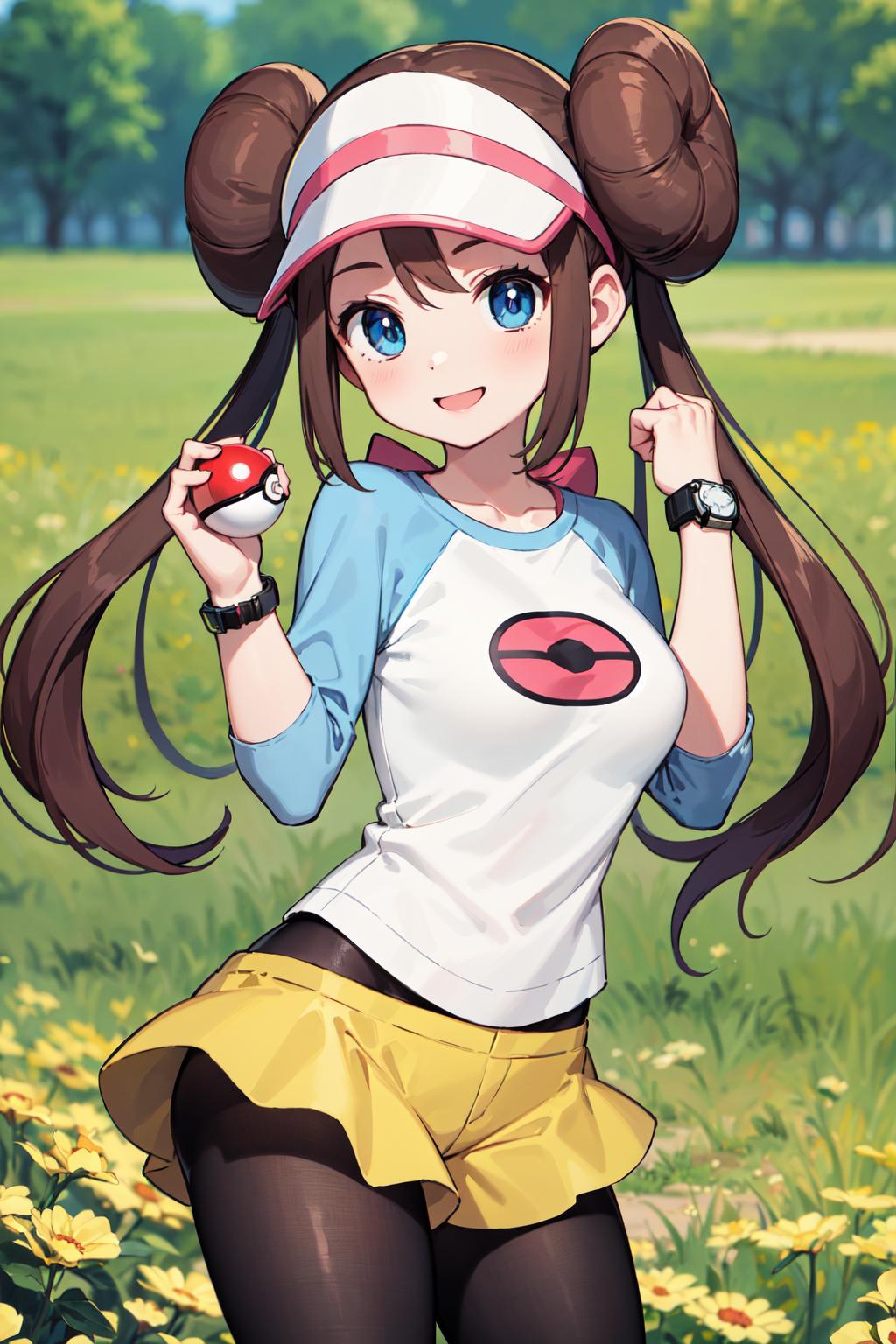 A young girl holding a Pokemon Pokeball in a field, wearing a white and blue shirt.