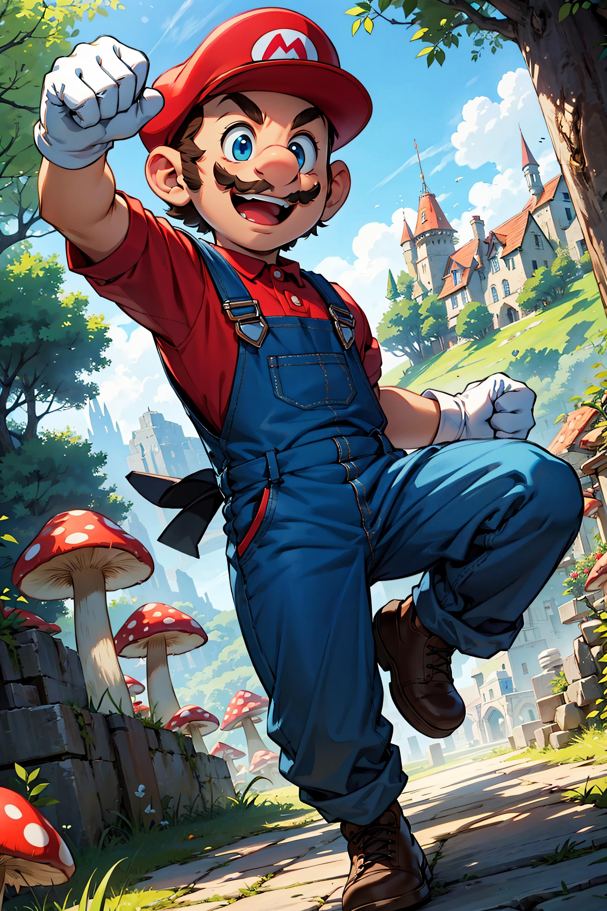 A cartoon illustration of Mario, the plumber, in a blue overalls and suspenders, holding a mushroom over his head.