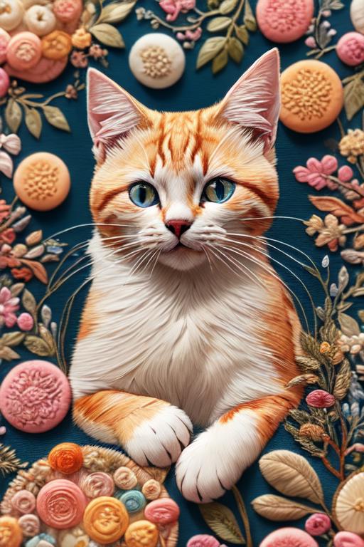 A cute and colorful cat sitting on a floral background.