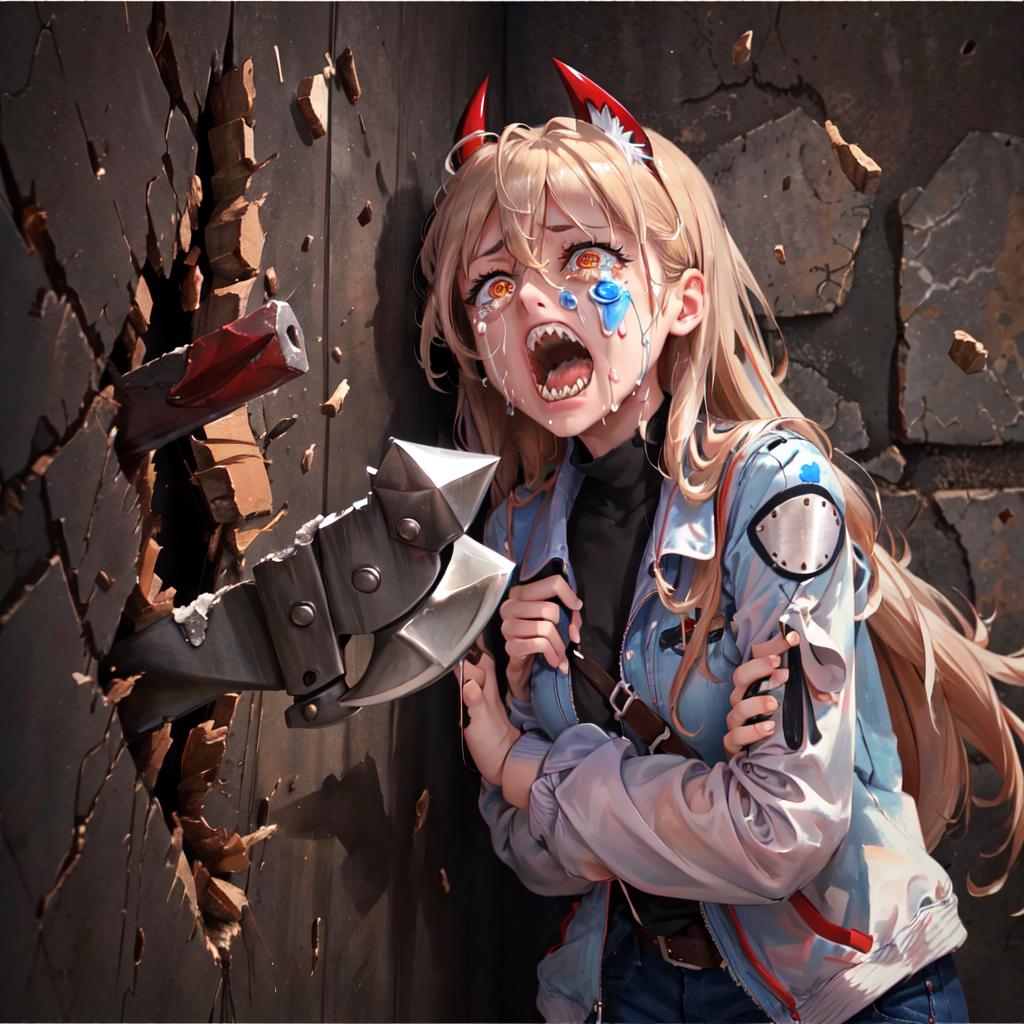 A young girl with blue eyes is crying in front of a destroyed wall.