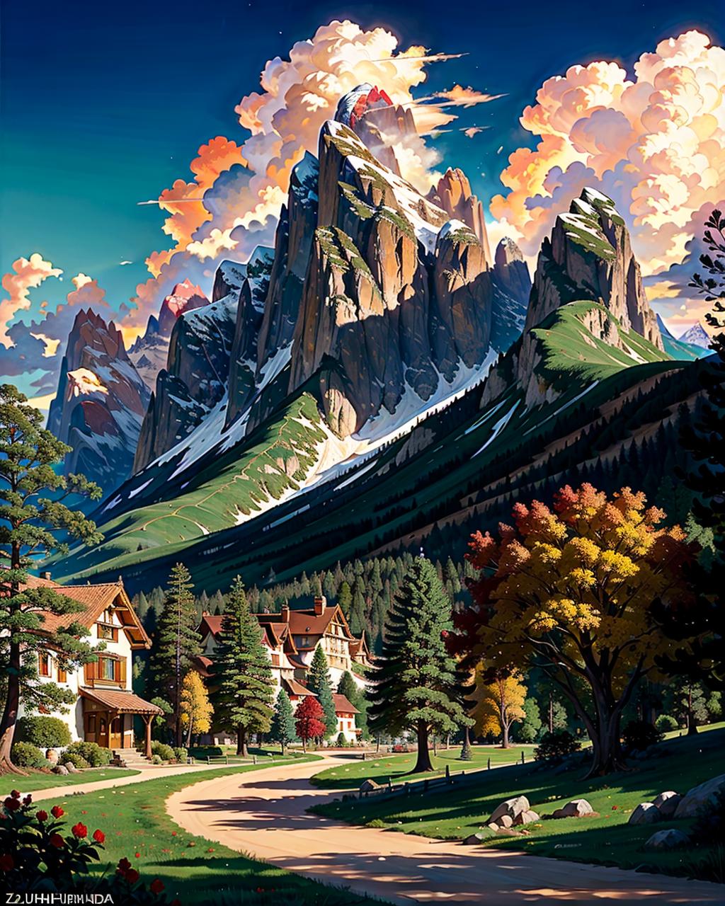A Painting of a Village Beneath Snow-Covered Mountains