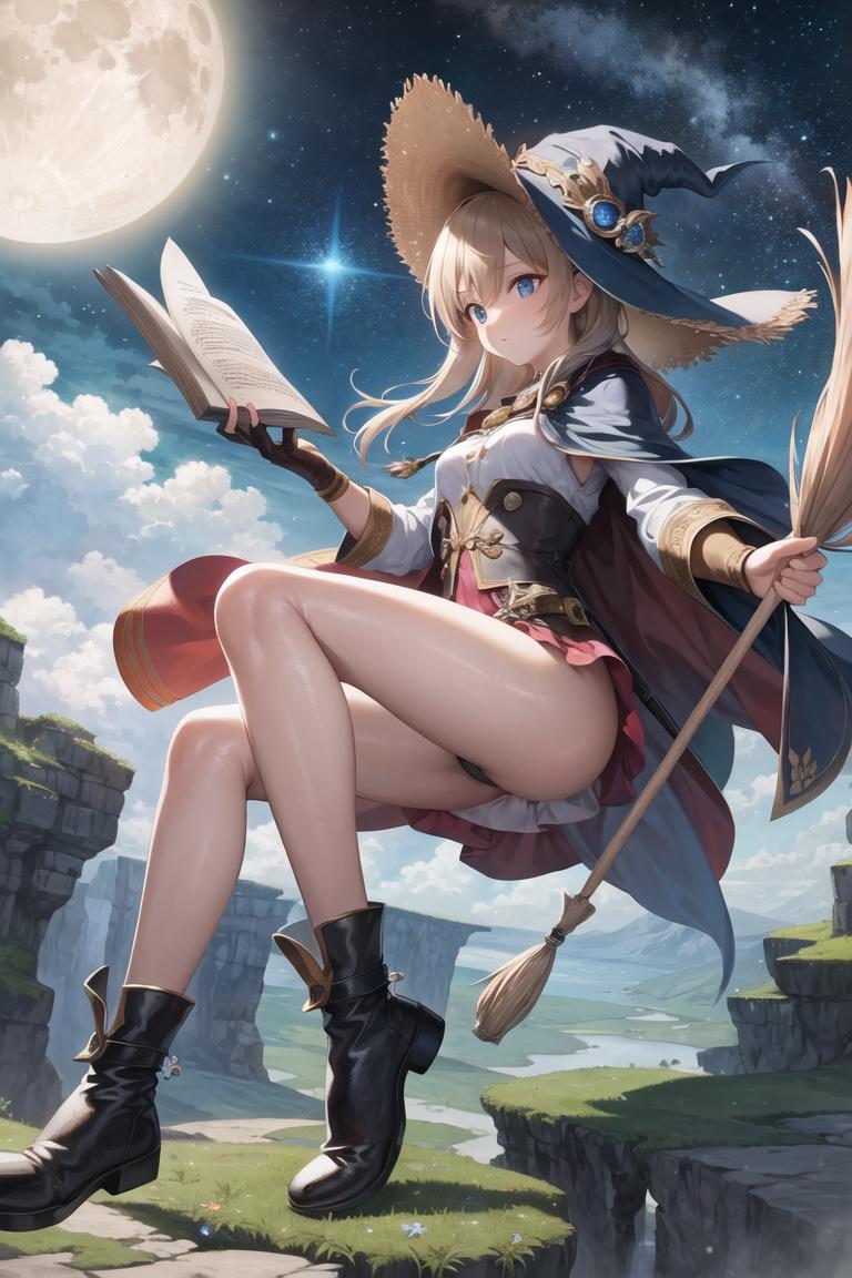 Anime girl wearing a witch's outfit, holding a broom and a book, and sitting on a cliff.