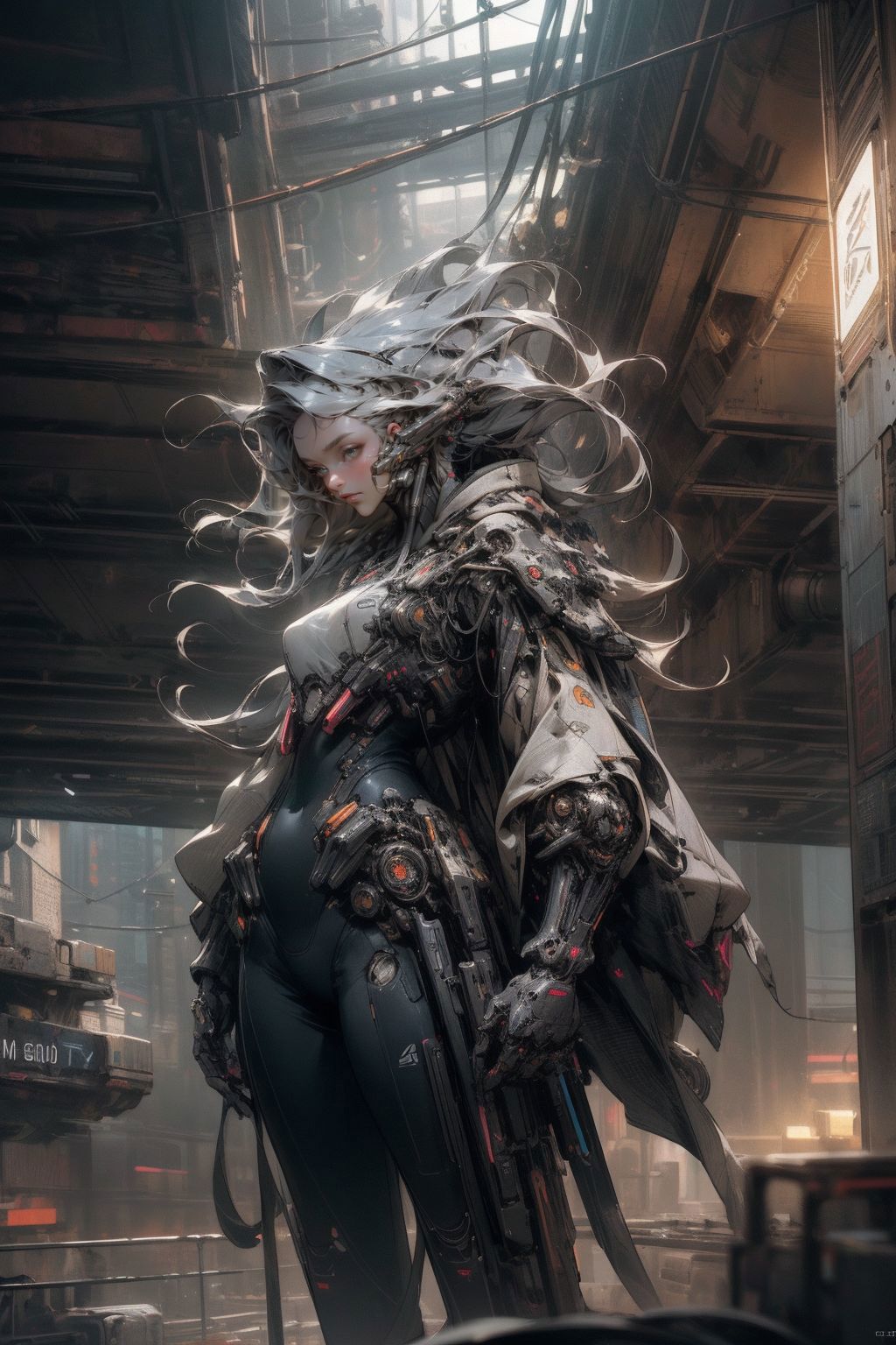 A woman with silver hair and a mechanical outfit on, standing in a futuristic environment.