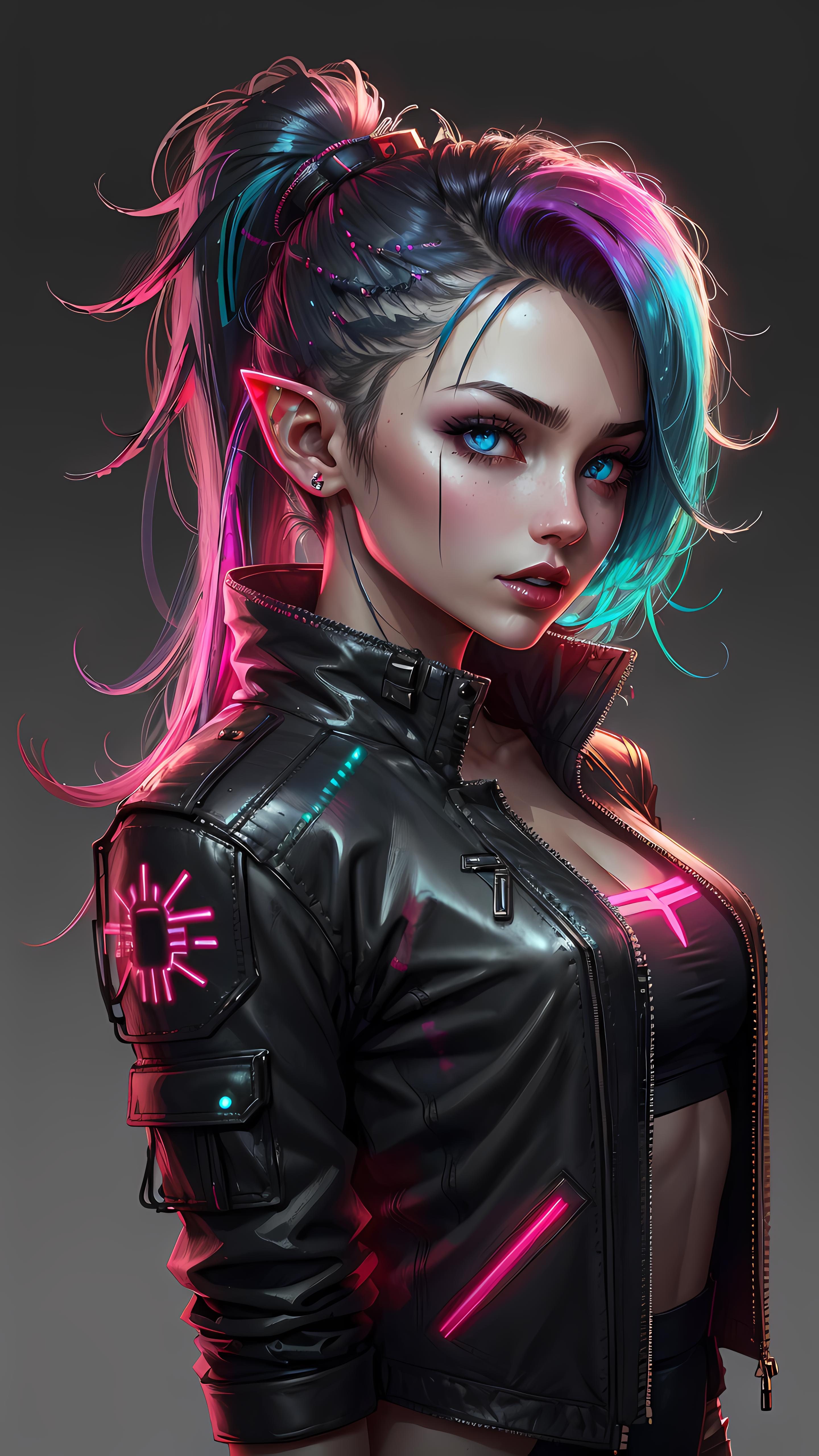 A beautifully drawn, colorful anime girl wearing a black leather jacket.