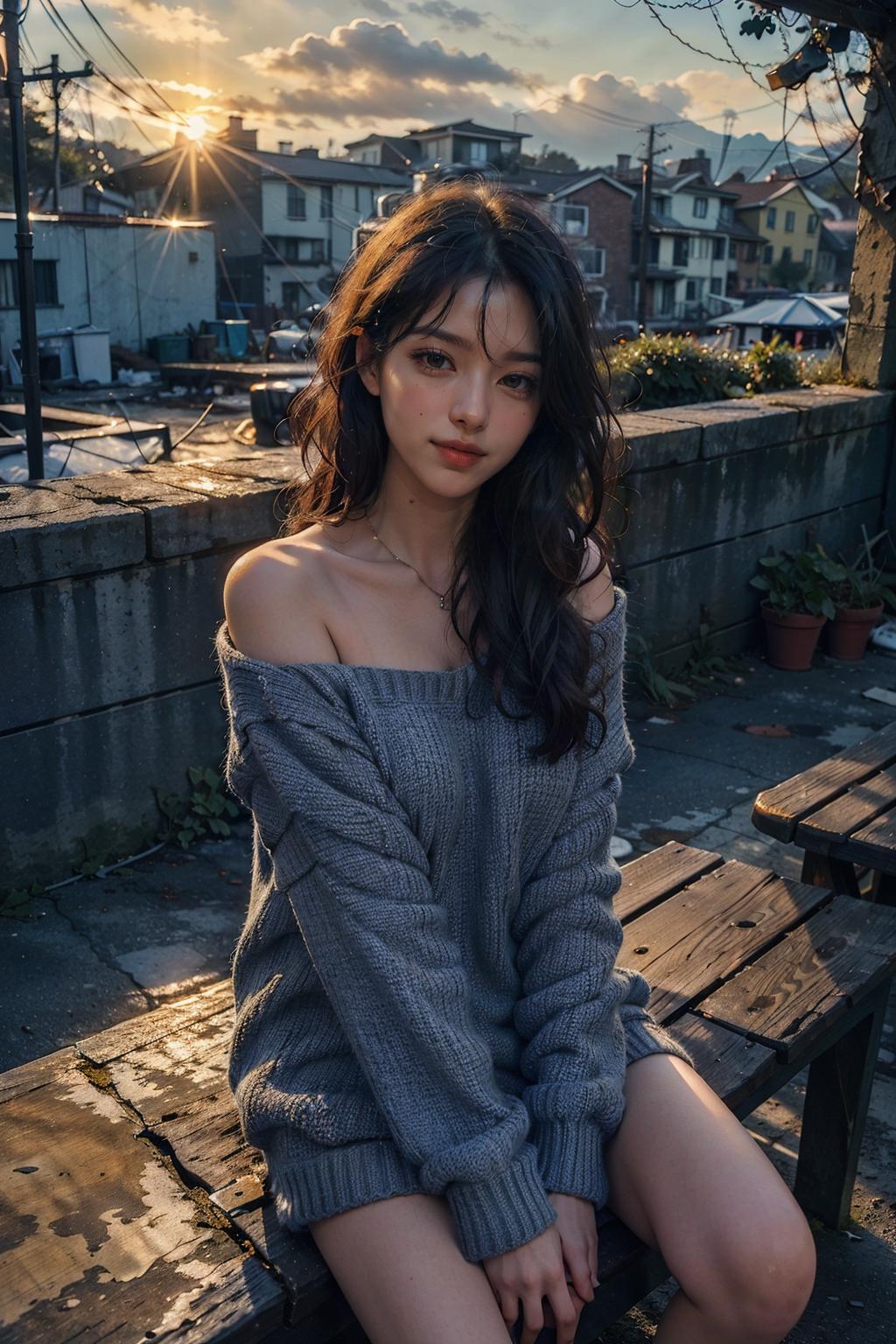 A young woman with a long black sweater posing on a wooden bench.
