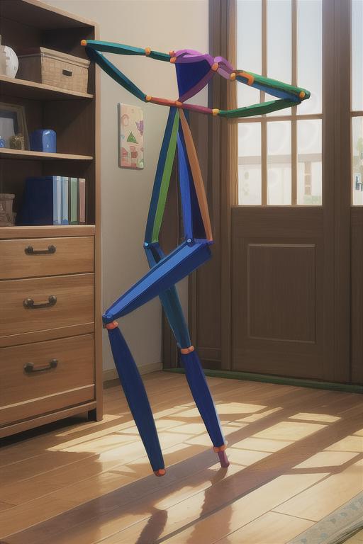 A colorful, wooden, geometric, human-like figure standing in a room.