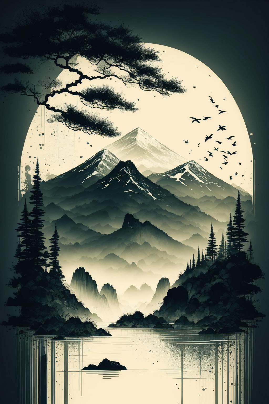 The Silhouette of Mountains and Trees with a Moonlit Sky and Flock of Birds