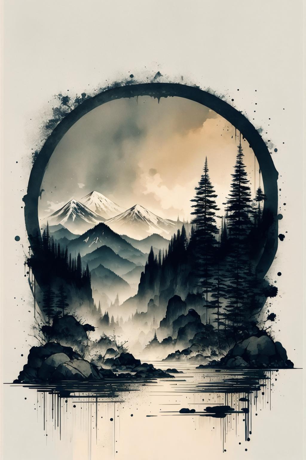 Black and white painting of a forest with mountains in the background and a circle in the foreground.